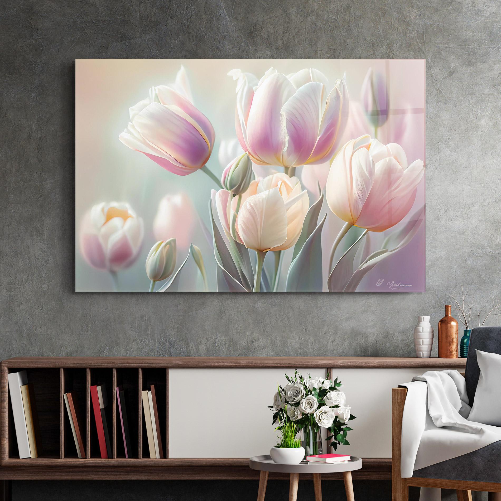Üvegkép Dreamy White Tulips mockup 2