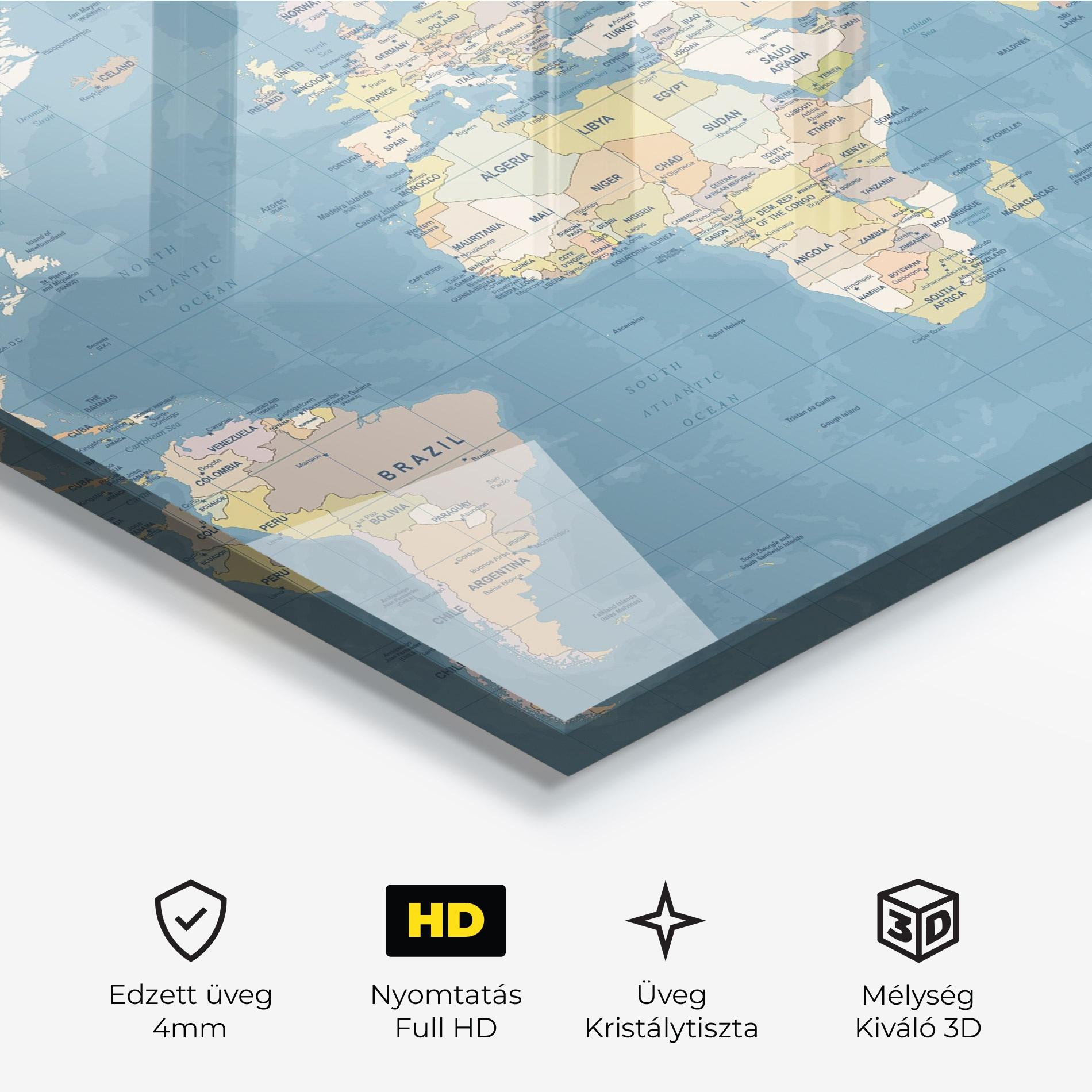 Üvegkép Blue World Map mockup 3