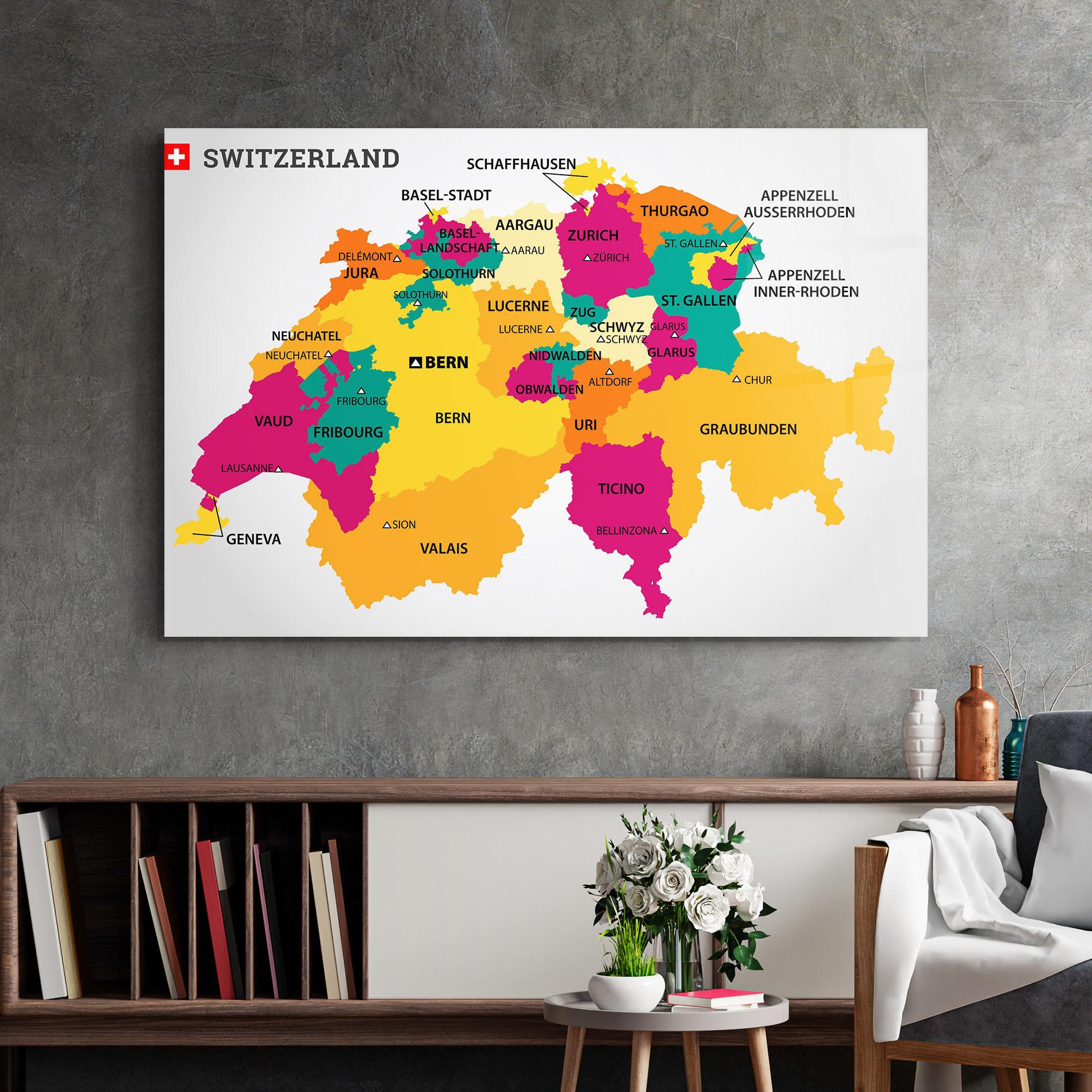 Üvegkép Switzerland Colorful Map mockup 2