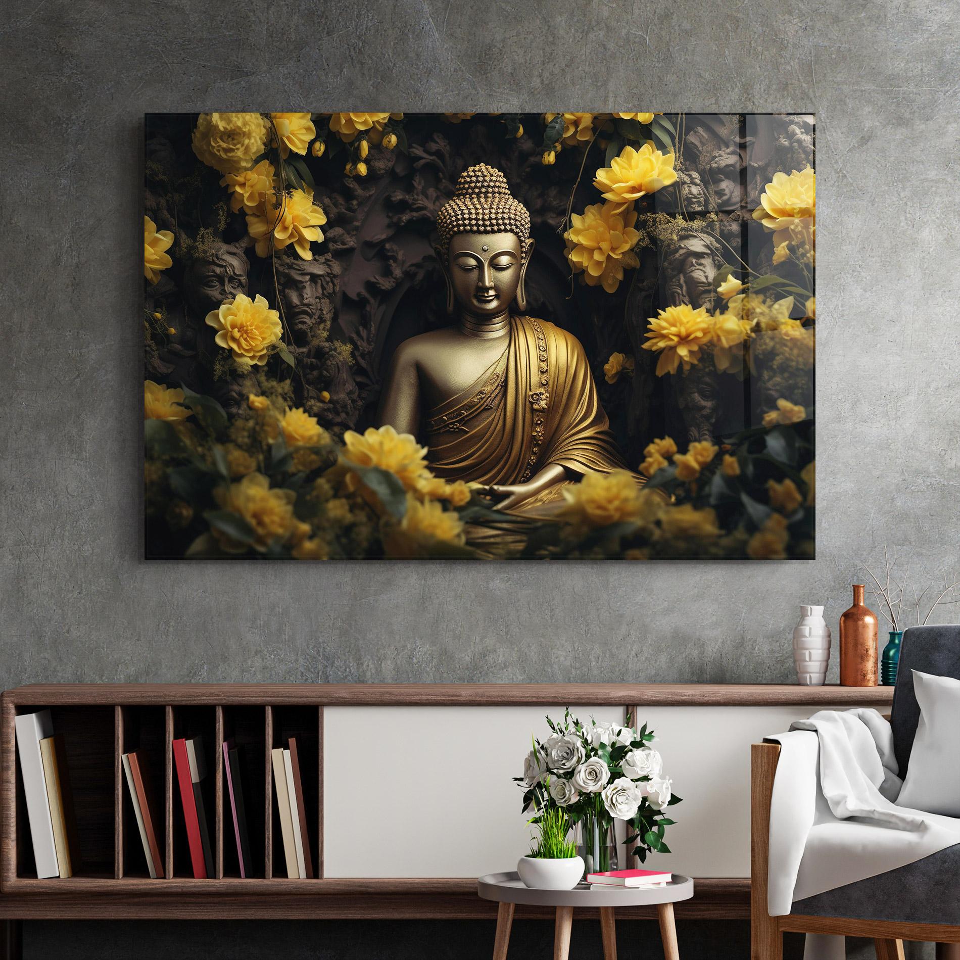 Üvegkép Gold Buddha Flowers mockup 2