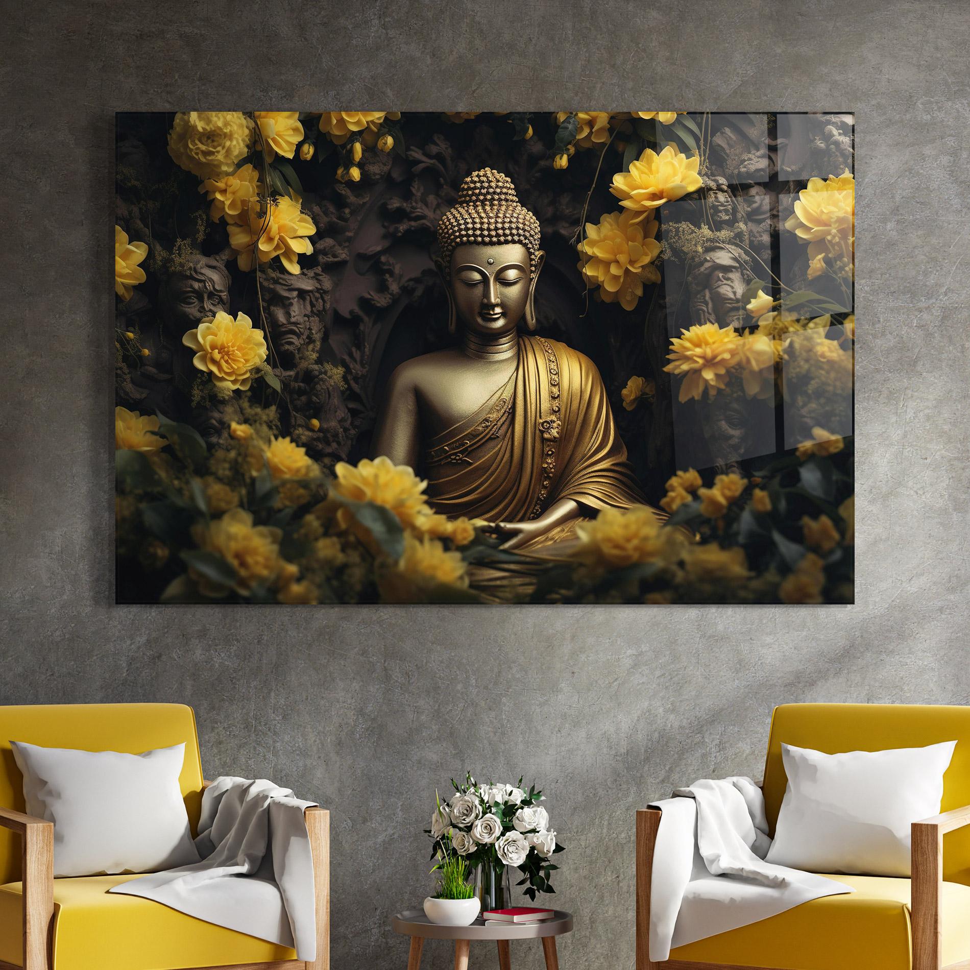 Üvegkép Gold Buddha Flowers mockup 4
