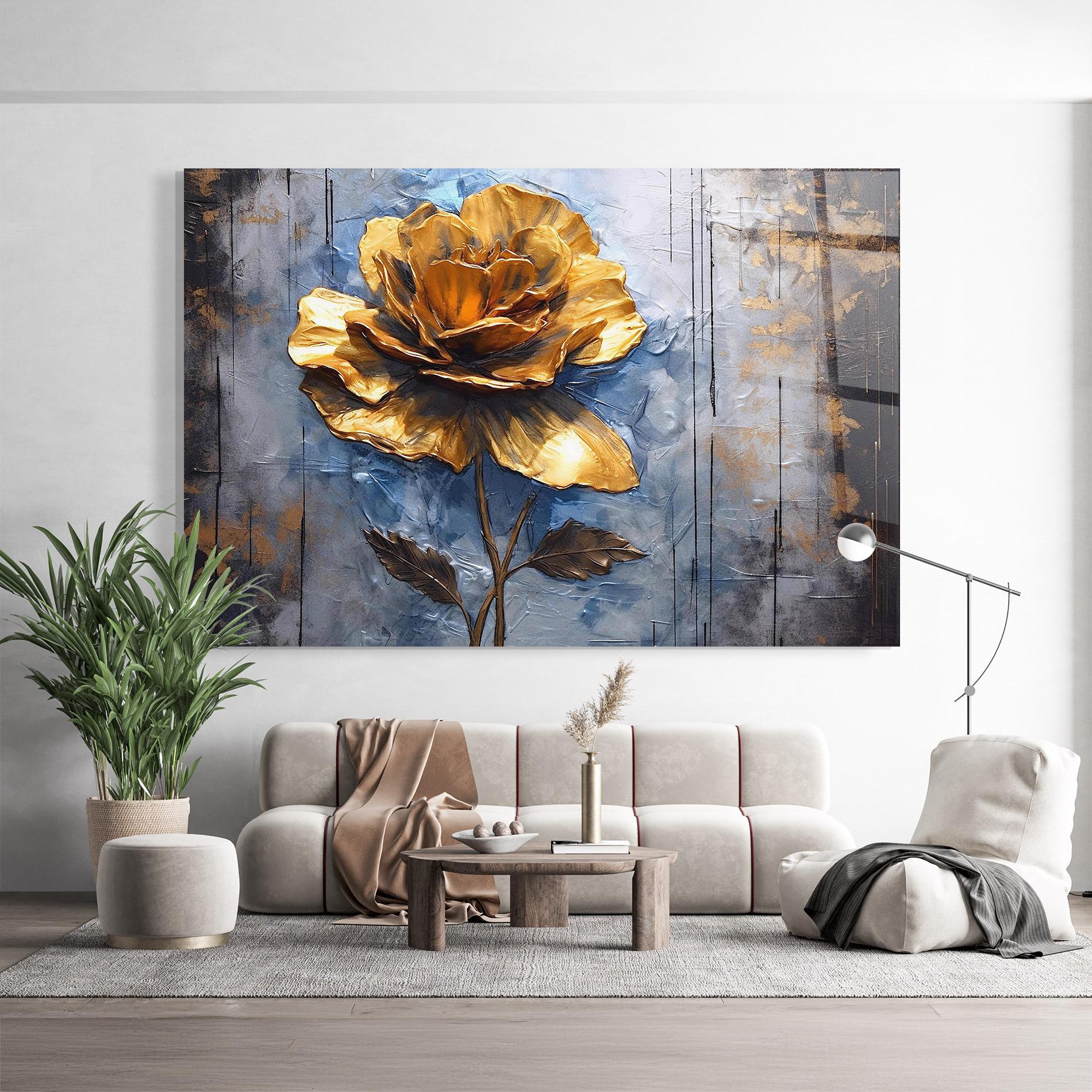 Üvegkép Golden Rose Art On Blue mockup 9