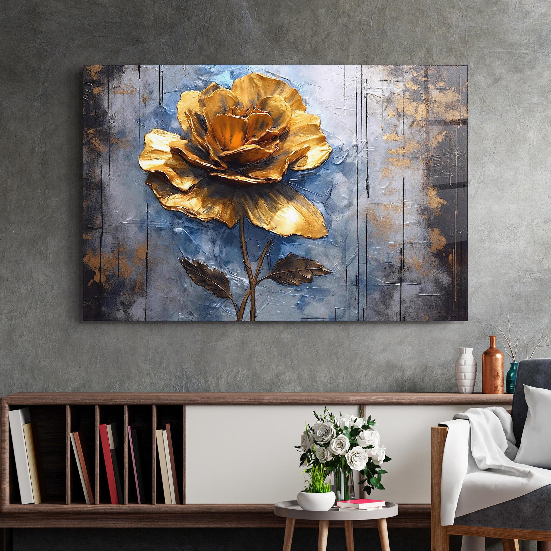 Üvegkép Golden Rose Art On Blue mockup 2