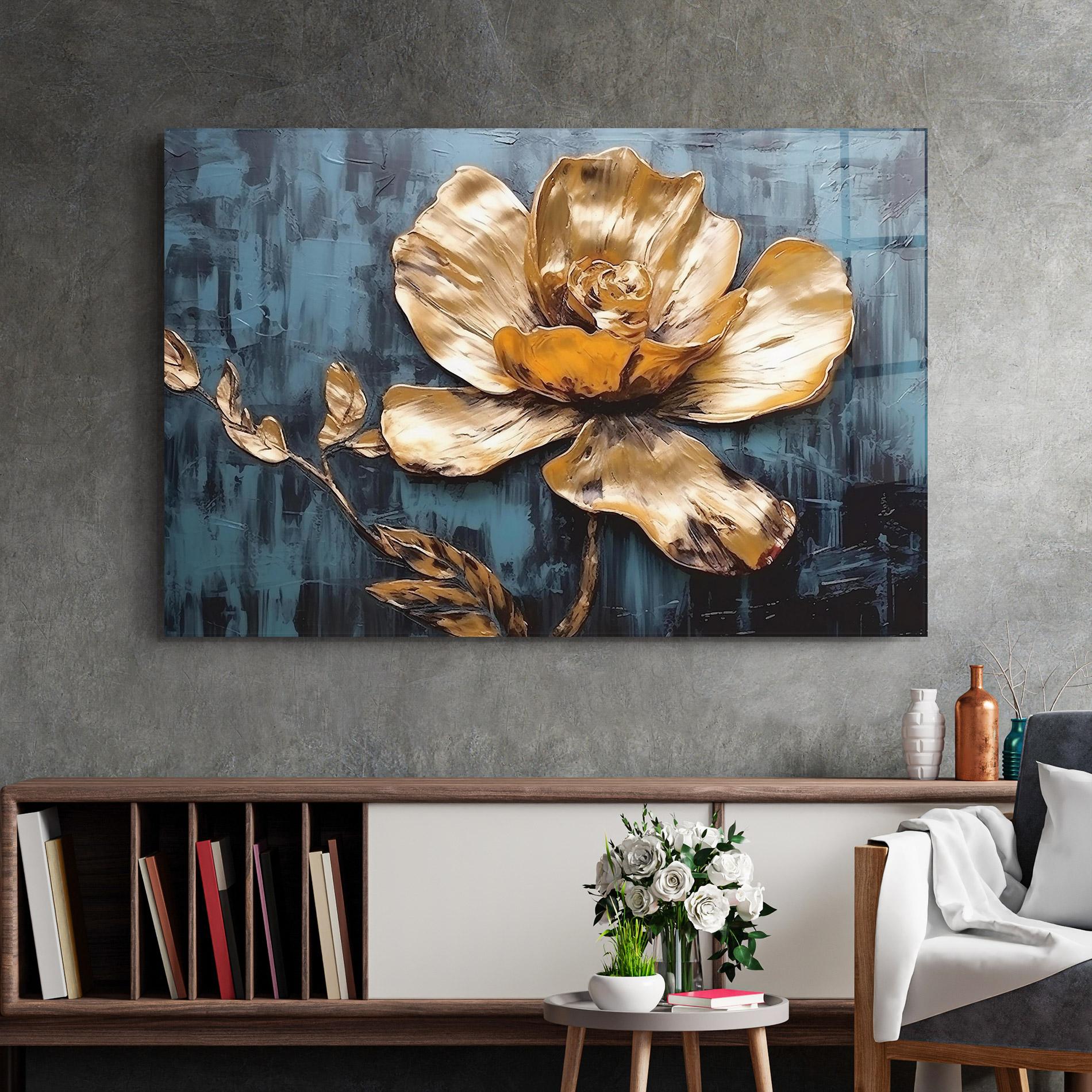 Üvegkép Golden Rose On Blue mockup 2