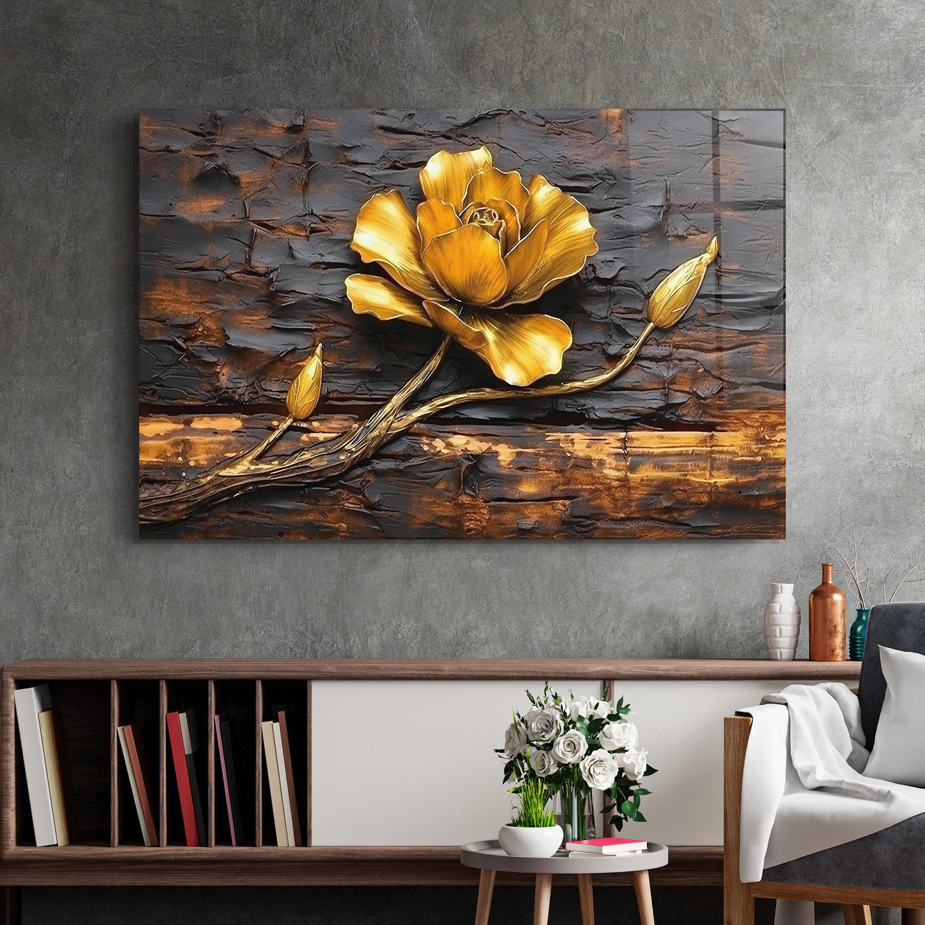 Üvegkép Golden Rose On Wood mockup 2