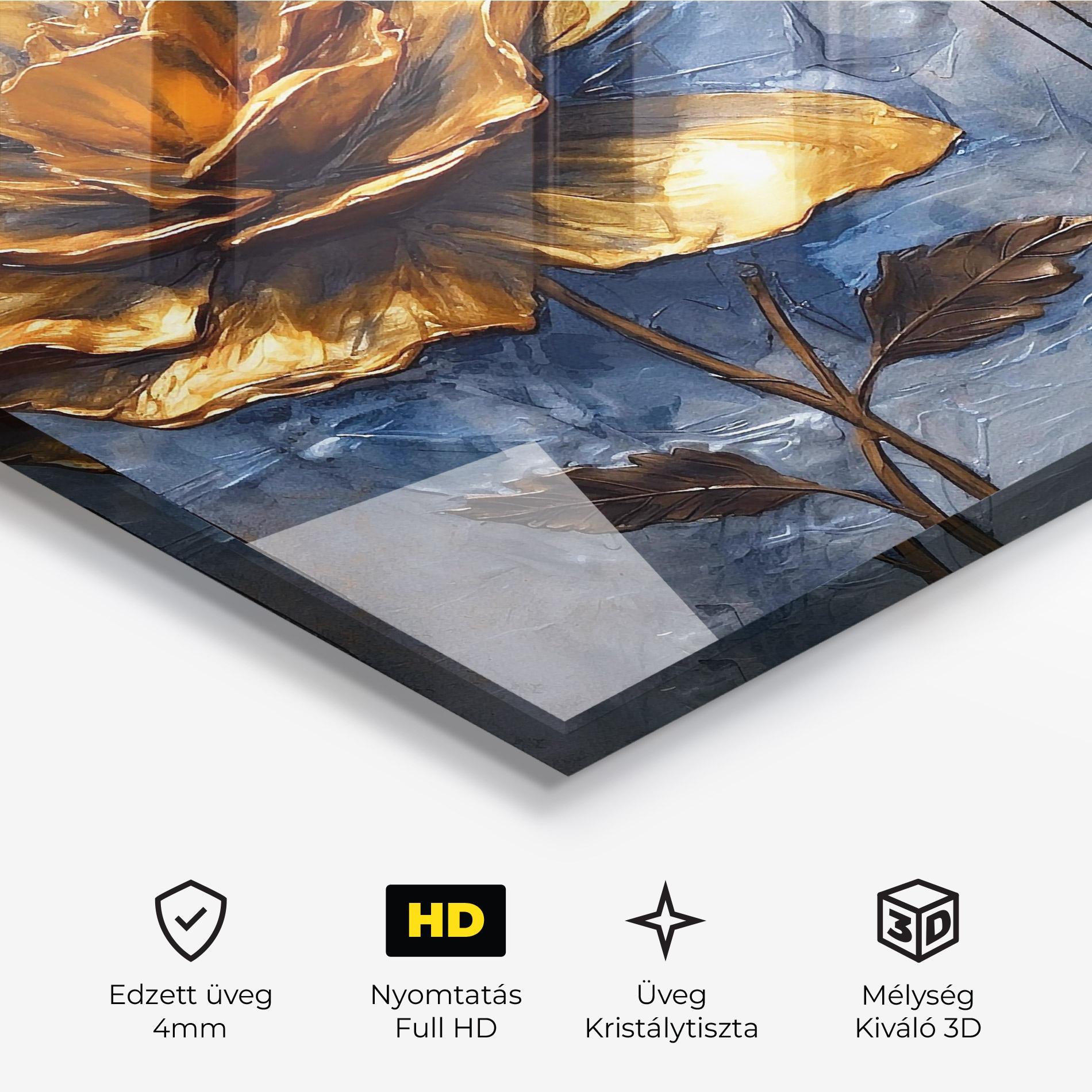 Üvegkép Golden Rose Art On Blue mockup 3