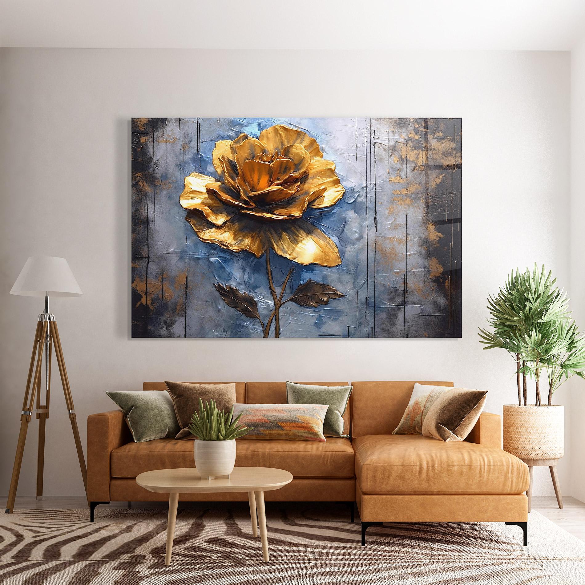 Üvegkép Golden Rose Art On Blue mockup 7