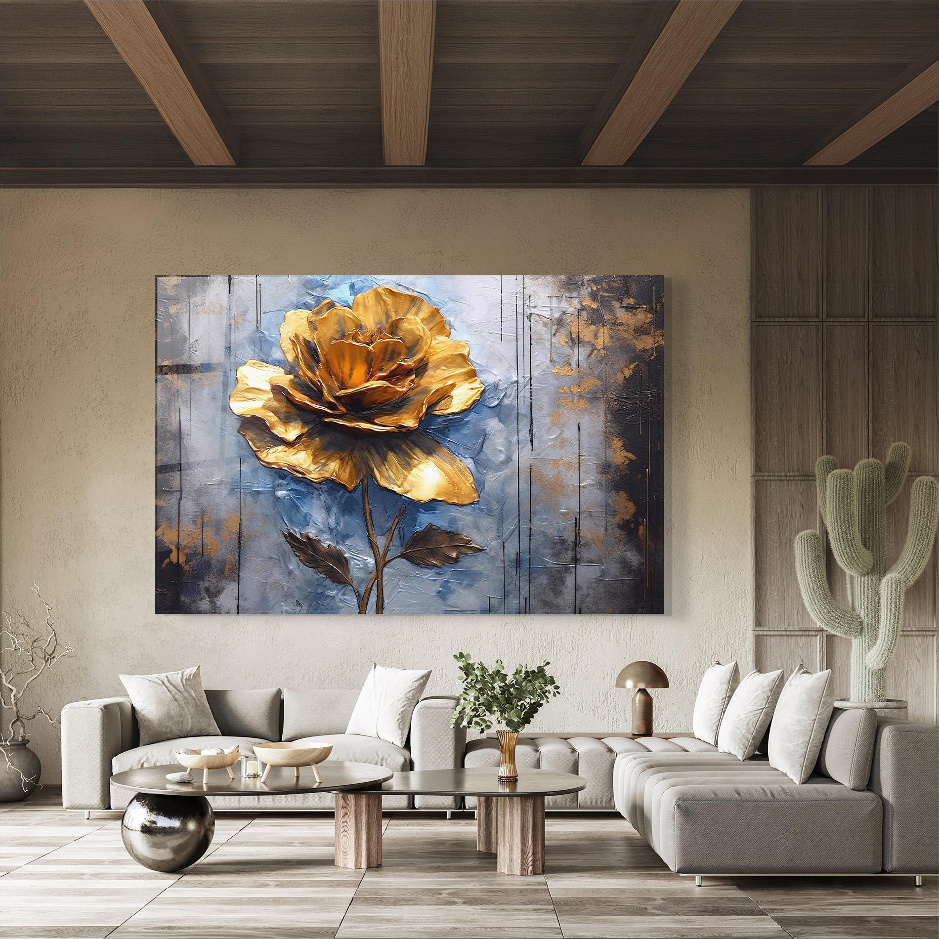 Üvegkép Golden Rose Art On Blue mockup 8
