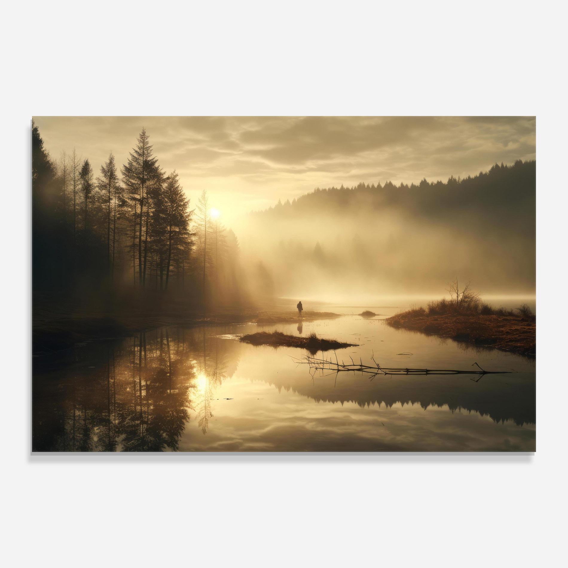 Üvegkép The Sun Is Rising Over A River In A Foggy Forest mockup 0
