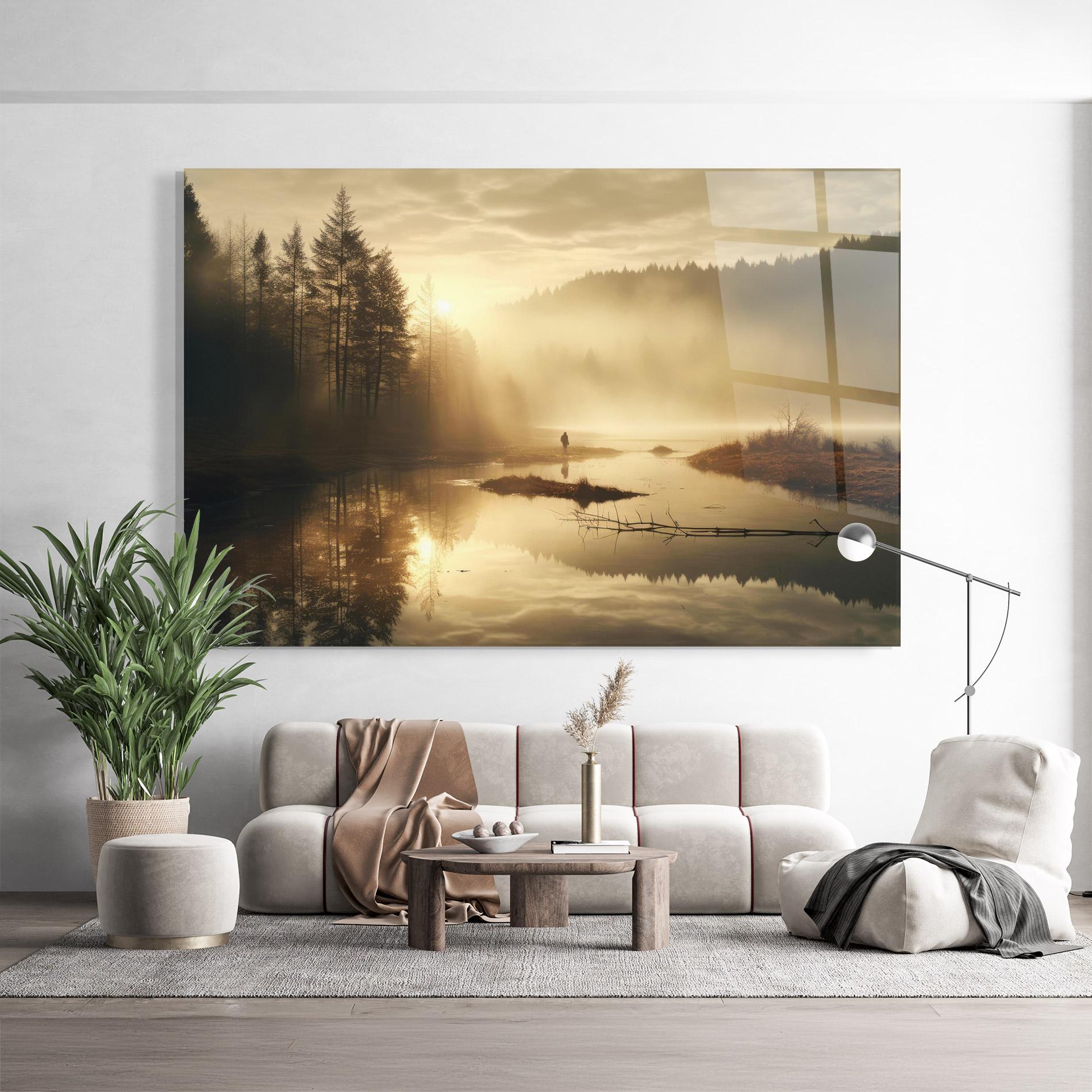Üvegkép The Sun Is Rising Over A River In A Foggy Forest mockup 9