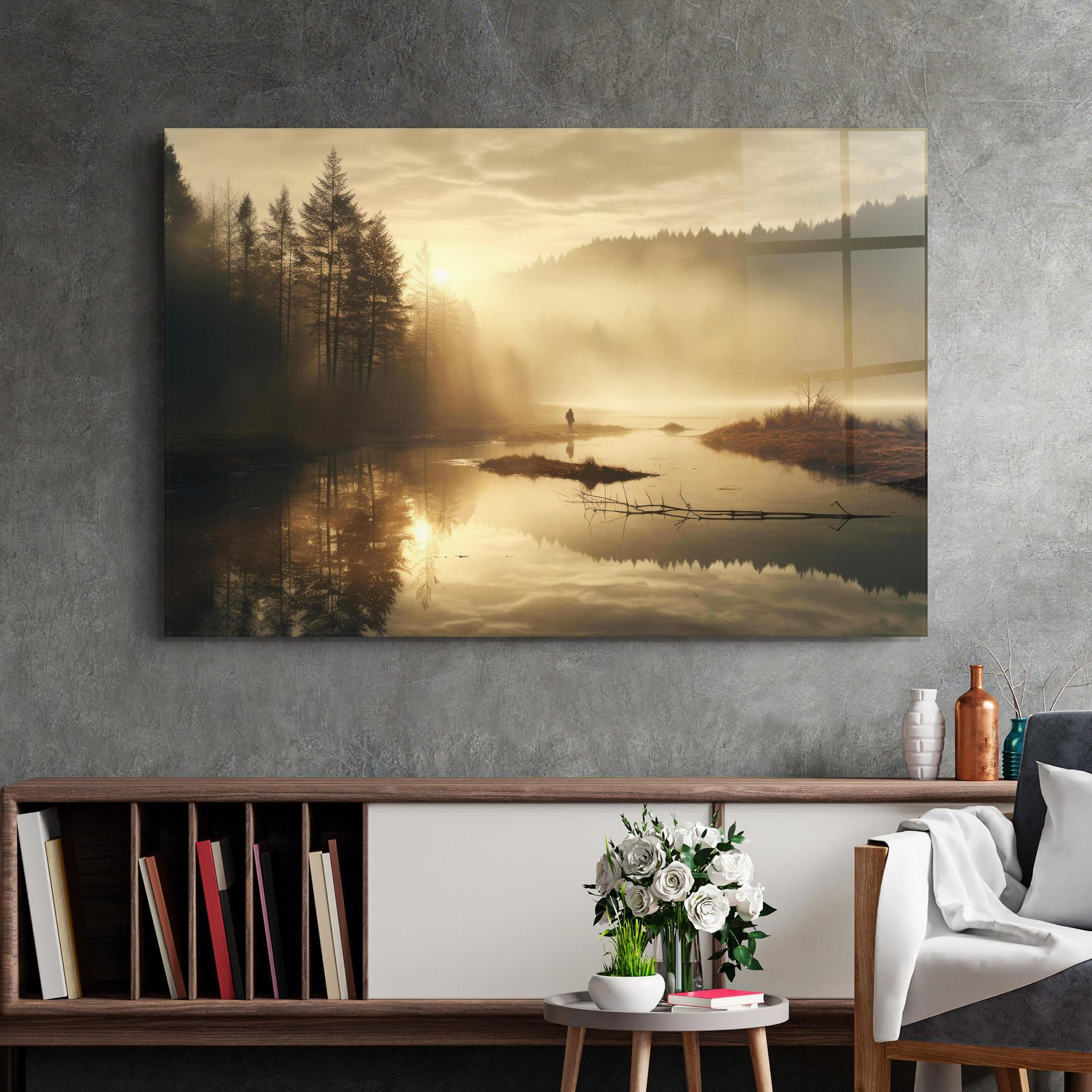 Üvegkép The Sun Is Rising Over A River In A Foggy Forest mockup 2