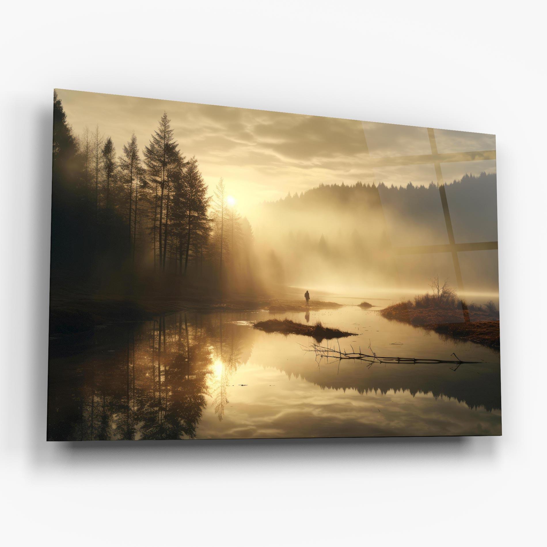 Üvegkép The Sun Is Rising Over A River In A Foggy Forest mockup 6