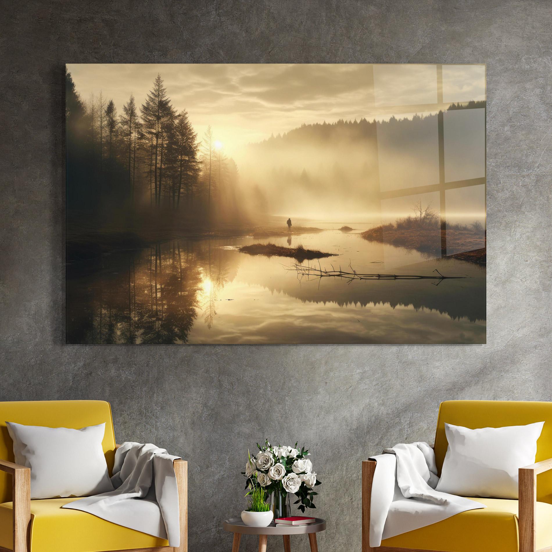 Üvegkép The Sun Is Rising Over A River In A Foggy Forest mockup 4