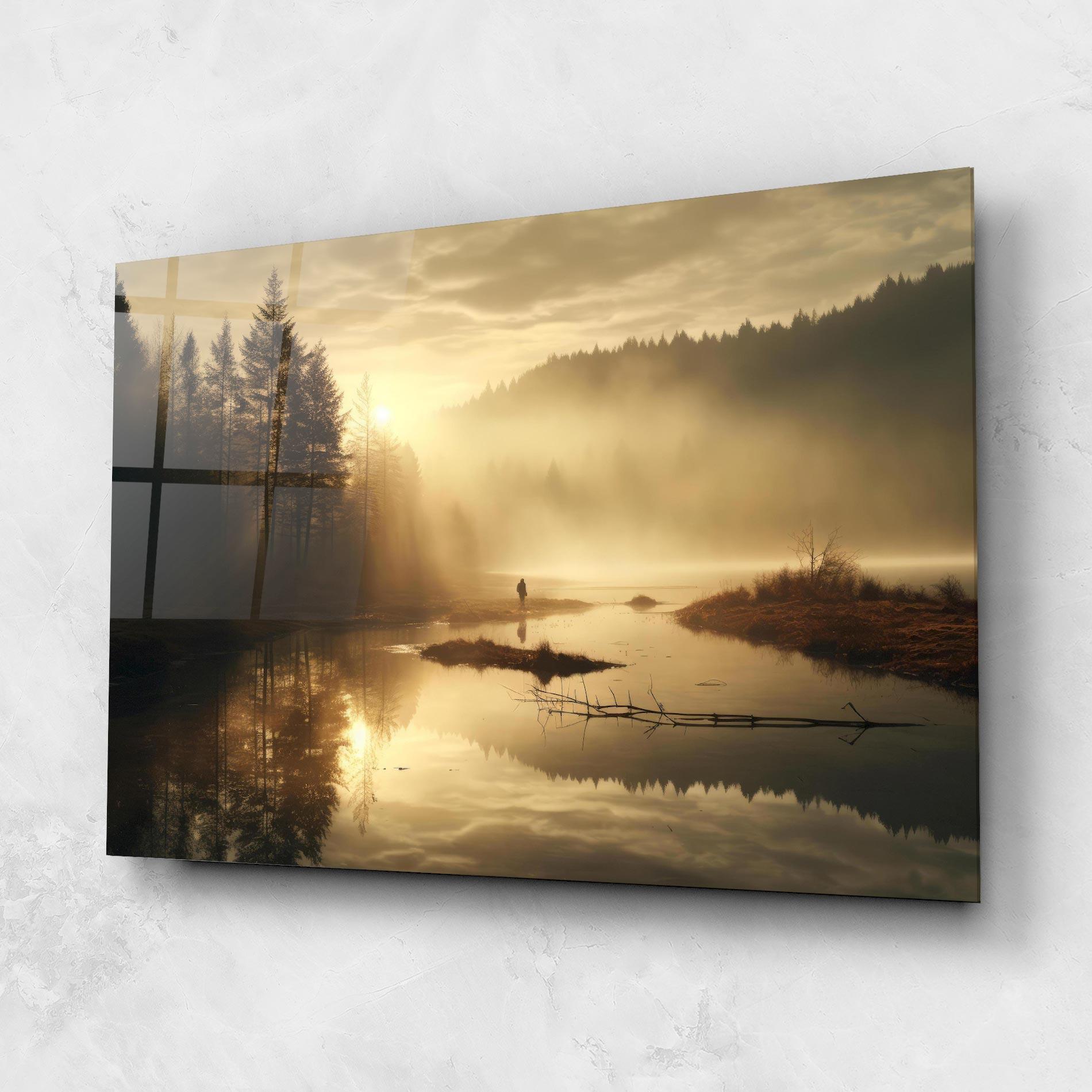 Üvegkép The Sun Is Rising Over A River In A Foggy Forest mockup 1