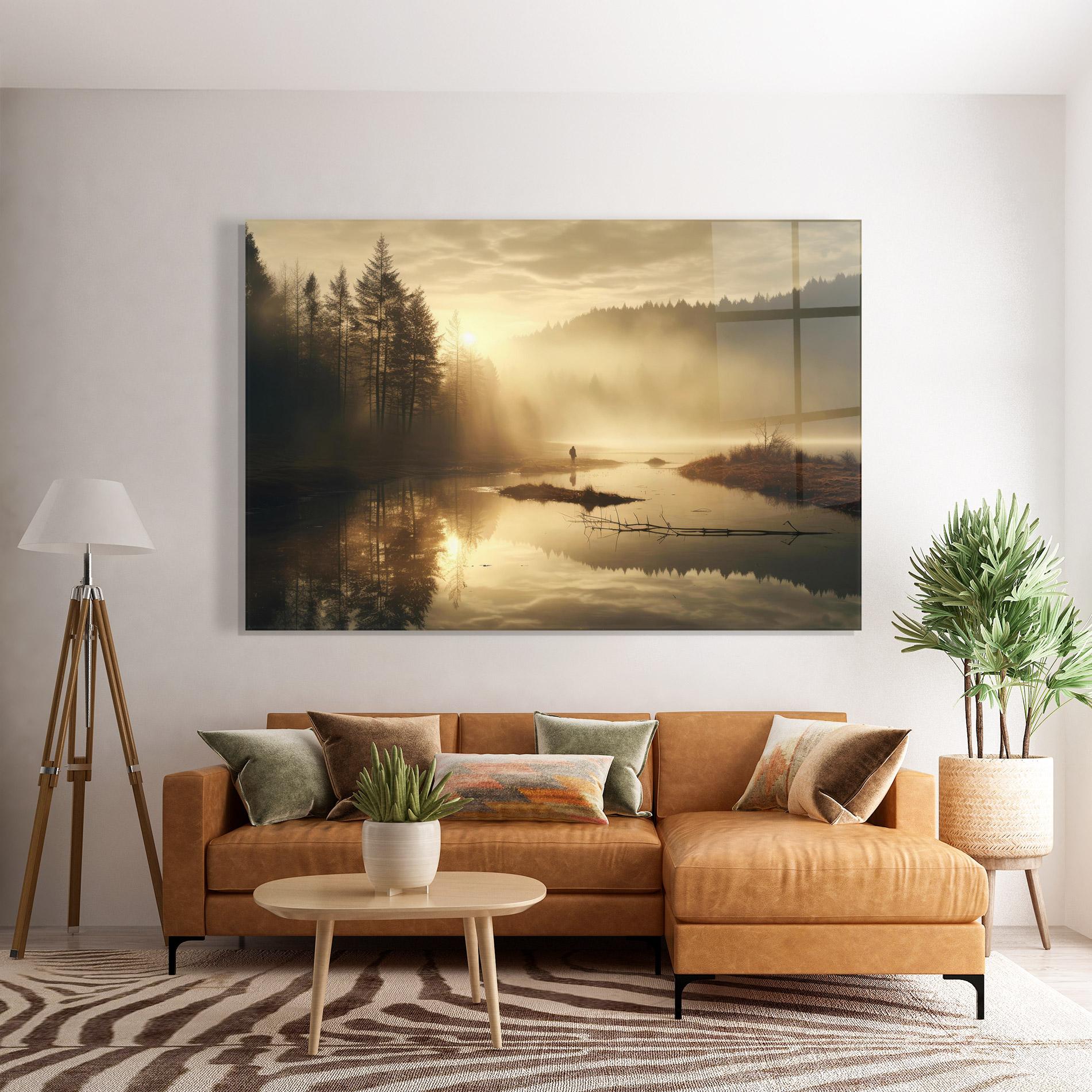 Üvegkép The Sun Is Rising Over A River In A Foggy Forest mockup 7