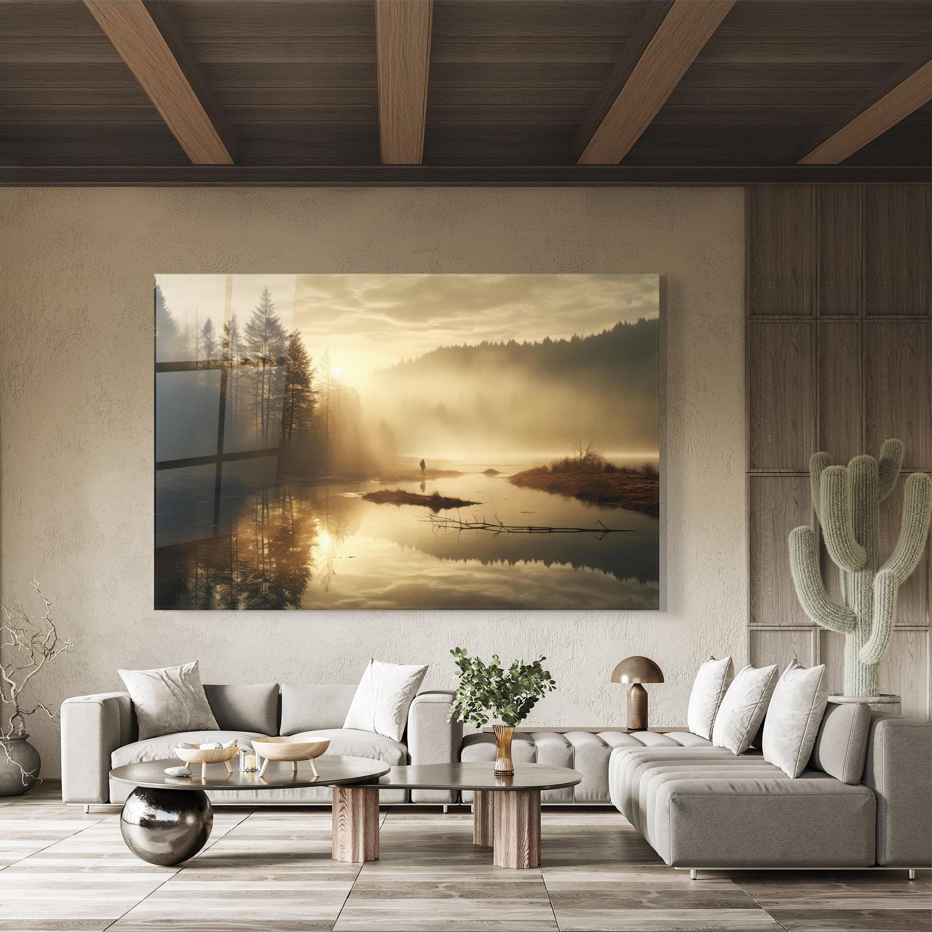 Üvegkép The Sun Is Rising Over A River In A Foggy Forest mockup 8