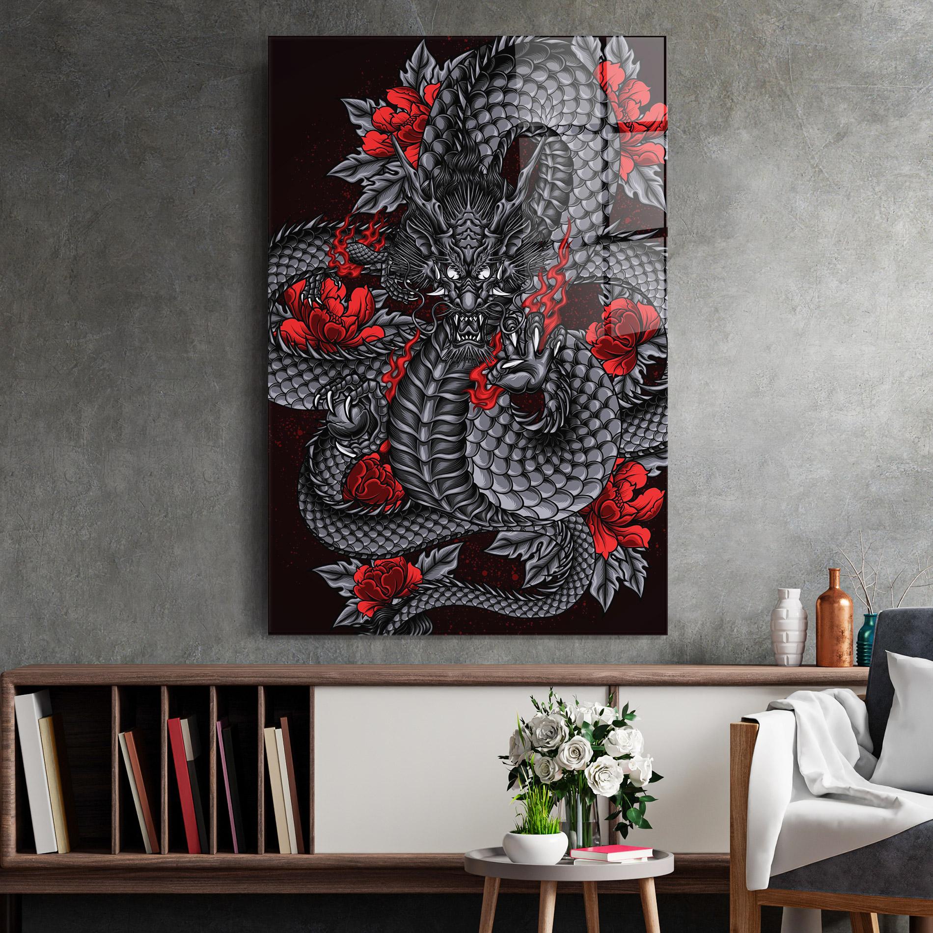 Üvegkép Red Flower Dragon mockup 2